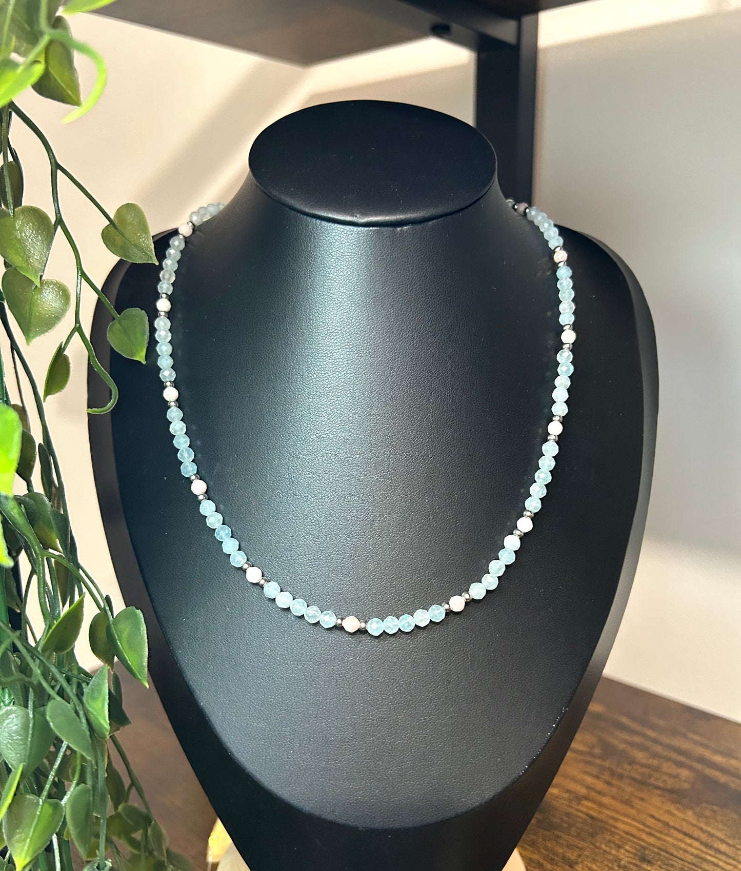 Collier aigue marine et opale rose